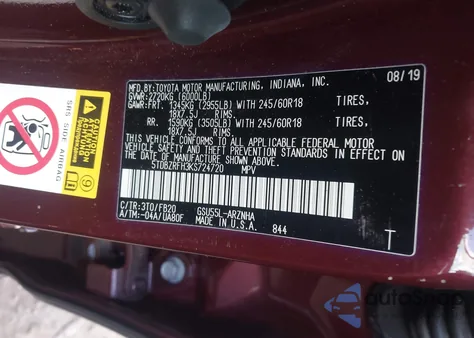 2019 Toyota Highlander Le from USA, damaged, VIN 5TDBZRFH3KS724720